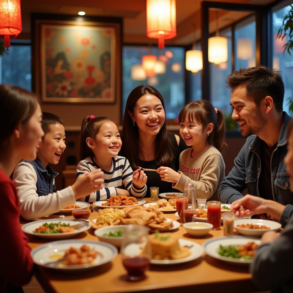 A happy family smiles while enjoying a Chinese meal together in Opelousas