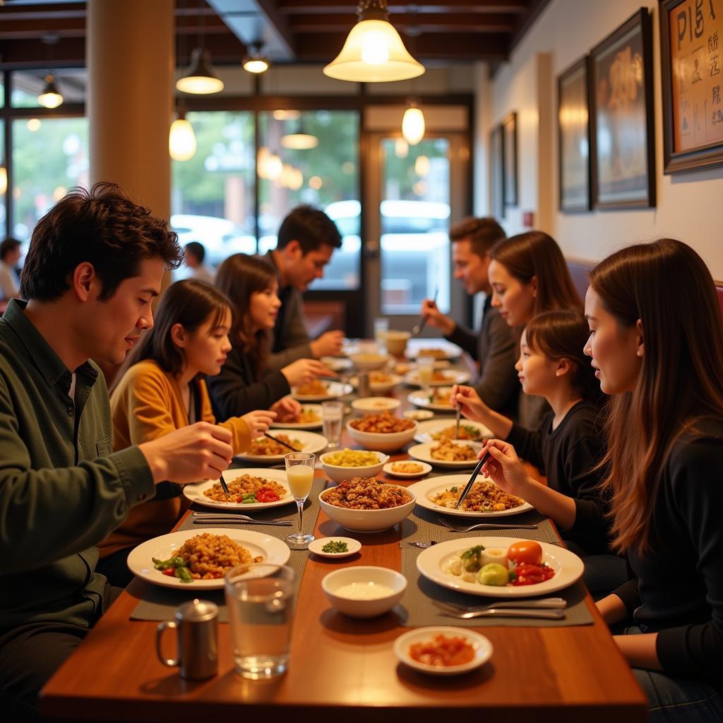 A happy family smiling and enjoying a variety of delicious Chinese dishes together at a restaurant on Toms River Fischer Blvd.