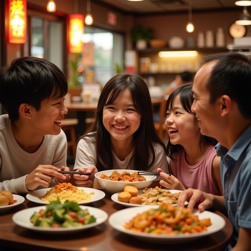 A happy family gathered around a table, enjoying a delicious Chinese meal together in a restaurant in Wilsonville.