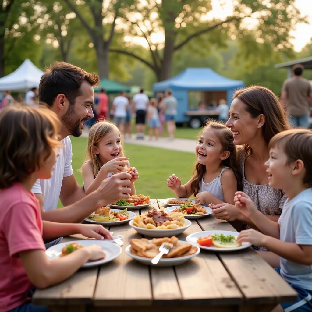 Family enjoying meal at a food truck festival