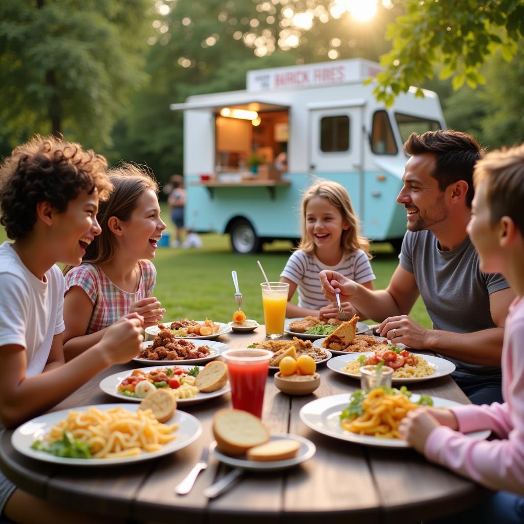 A family enjoying their meal at Food Truck Friday in Pinckney