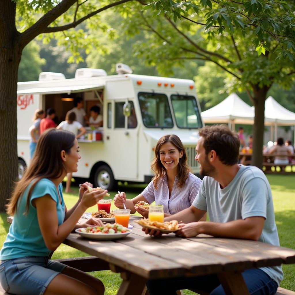 Family Enjoying a Food Truck Meal at Seven Fields