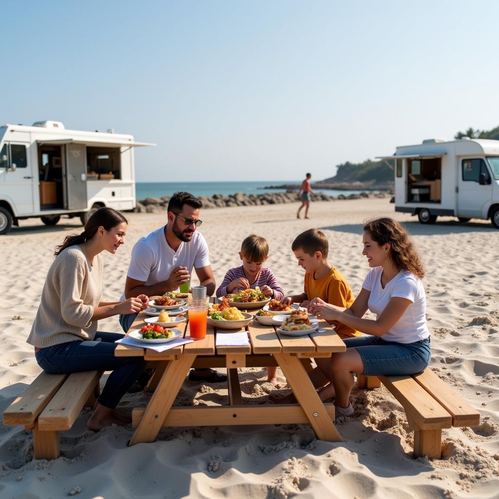 A family enjoying a meal from a food truck on the beach.