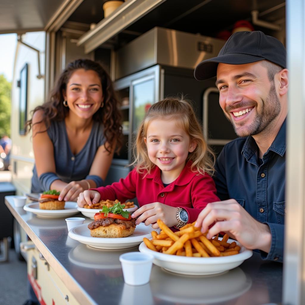 A happy family enjoying a meal from a food truck in Kenosha