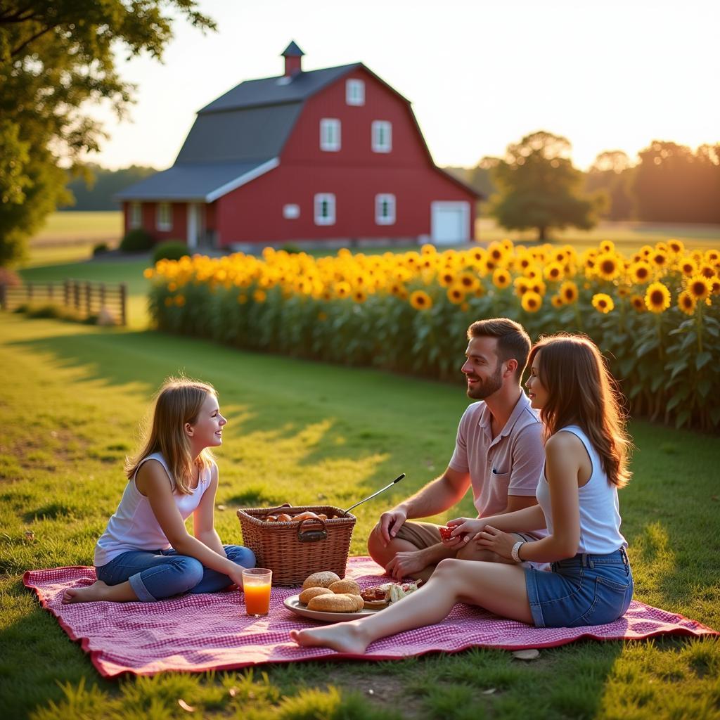 Family enjoying food truck picnic at a farm