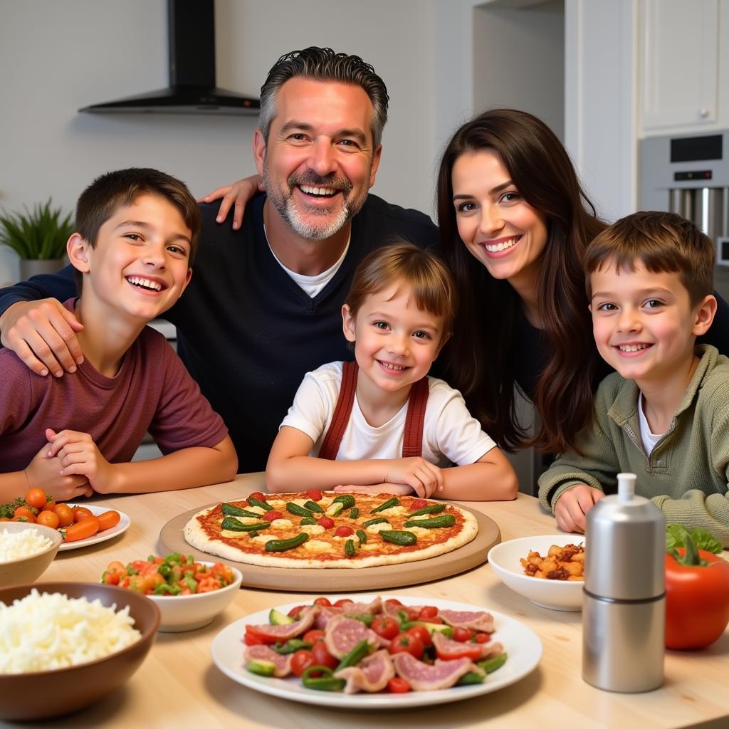  A family gathered around the table, smiling and enjoying a homemade pizza that they made together using a food processor.