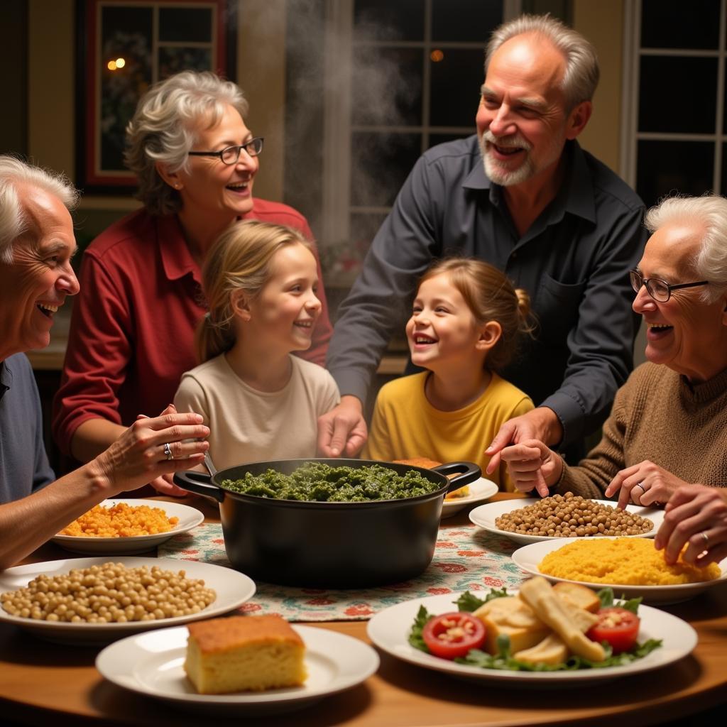 A family gathers around a table, sharing a meal of traditional hoodoo food.