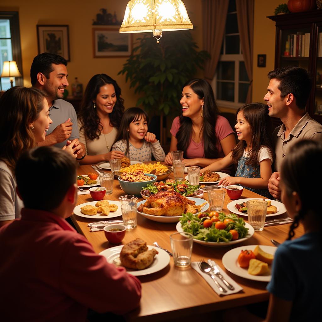 A multi-generational family enjoys a Latino Thanksgiving meal together.