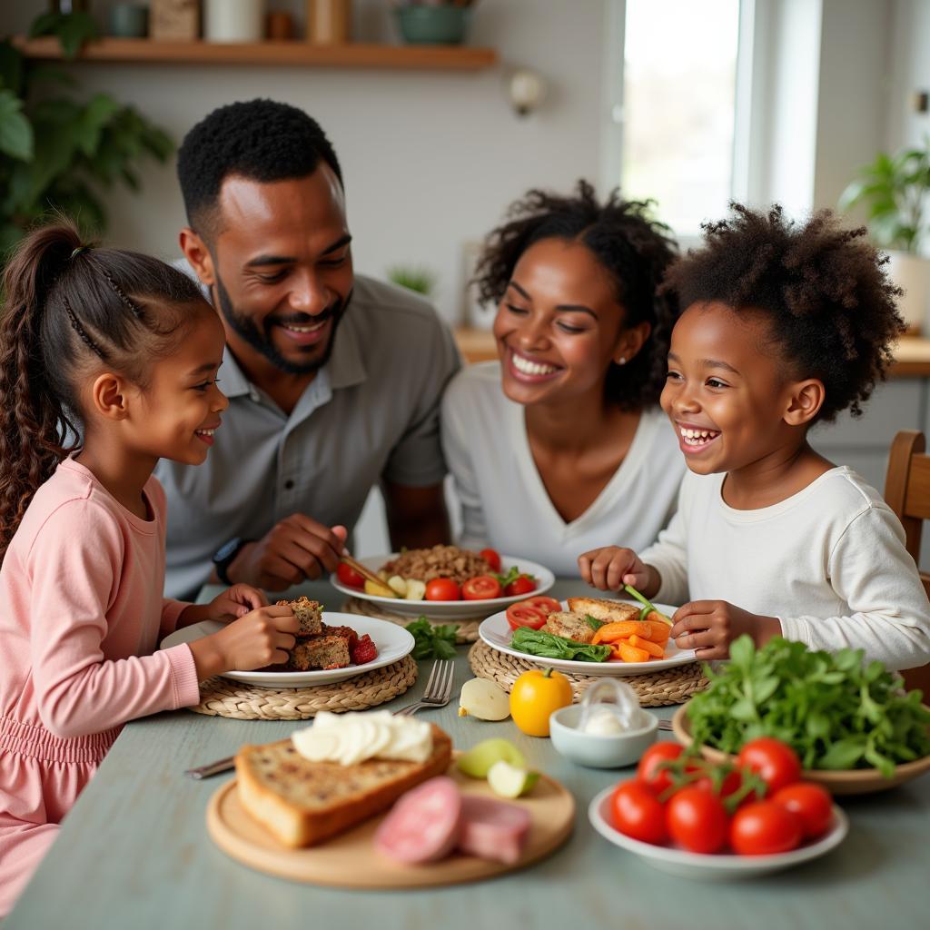 Happy family gathered around a table, enjoying a meal prepared with ingredients from a linden food basket