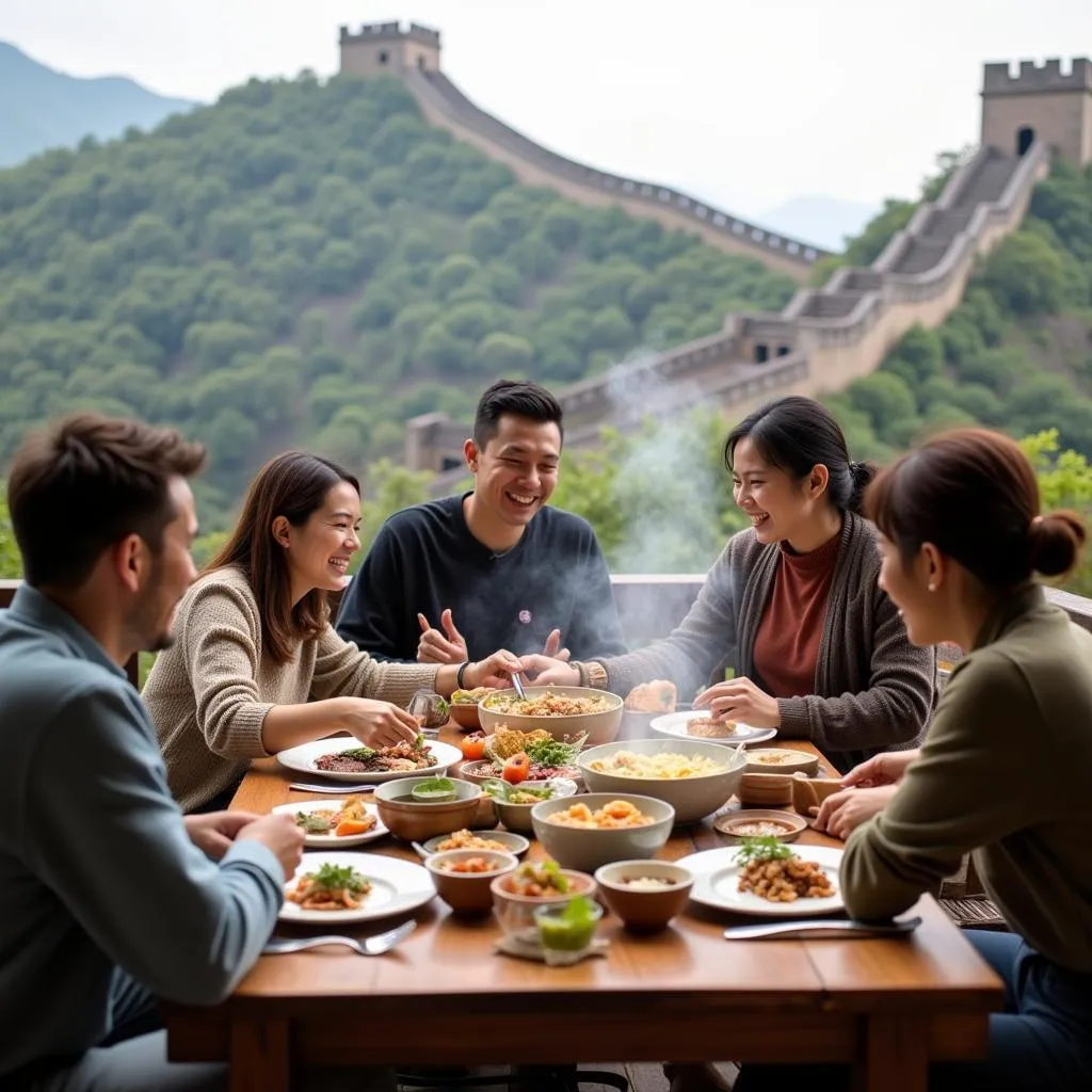 A family enjoying a meal with a view of the Great Wall