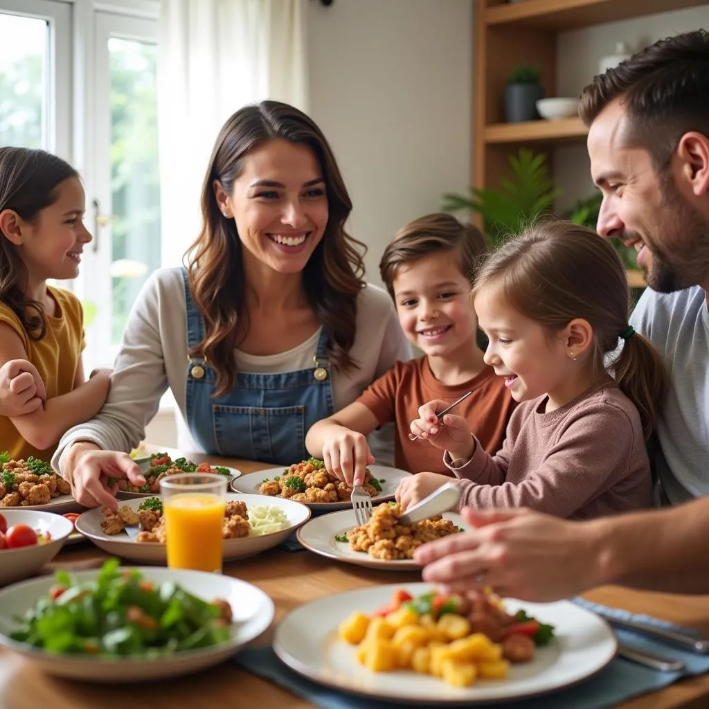 A family gathered around the dinner table, enjoying a meal prepared with ingredients from a project food box.