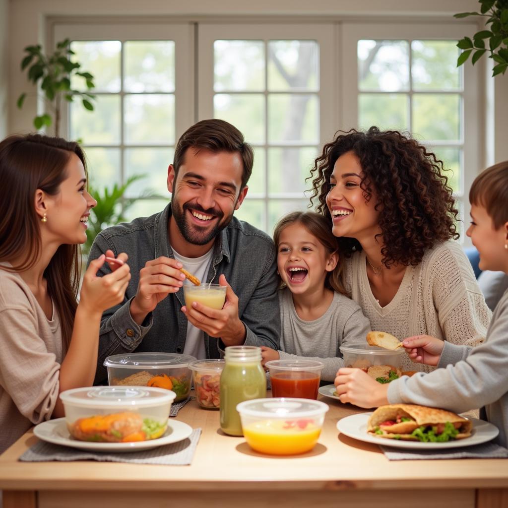 Family enjoying a meal prepped in Mr. Lid containers