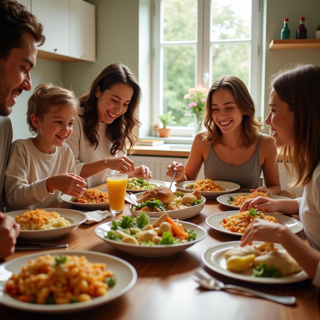 A family enjoys a delicious and healthy meal prepared with natural food ingredients.