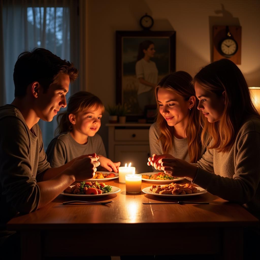 Family enjoying a meal by candlelight during a power outage