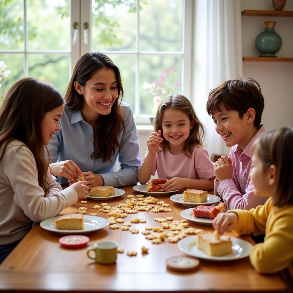 A family smiles while engaging with puzzle food.