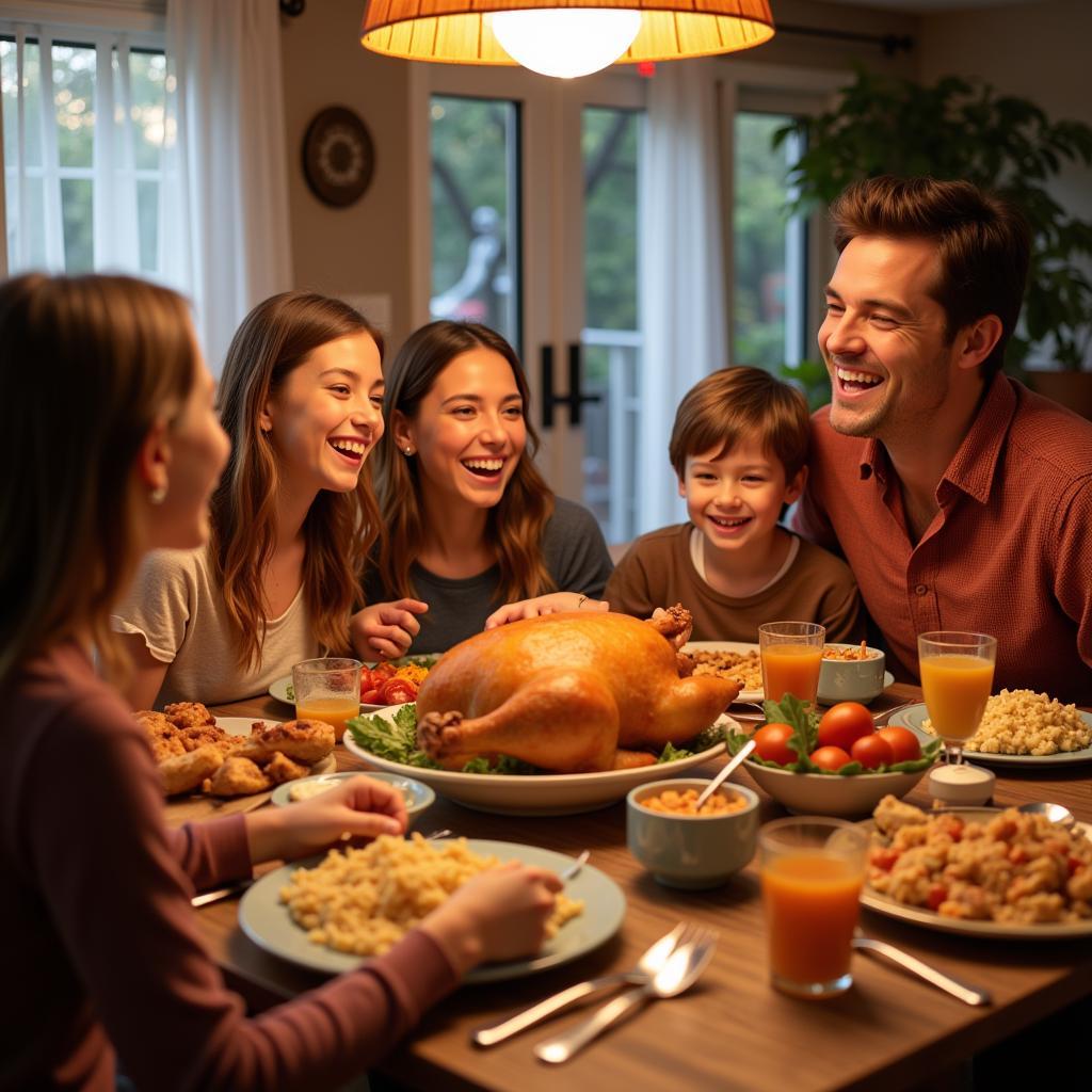 A family enjoying a Thanksgiving meal together.