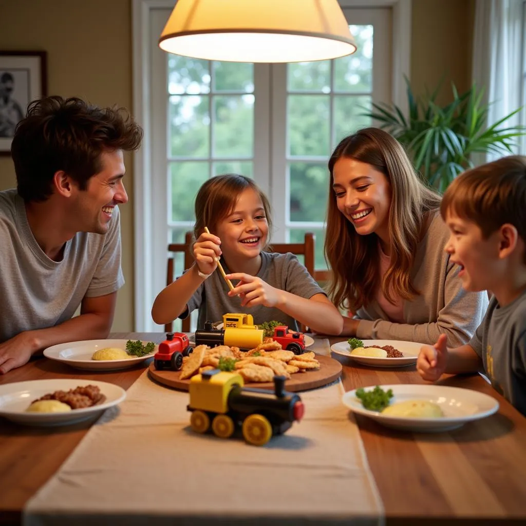 Family Enjoying Train Theme Food at Home