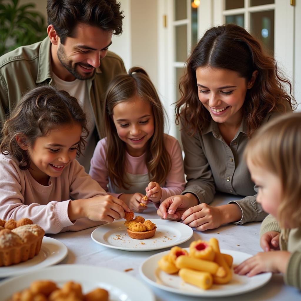 Family enjoying a food scavenger hunt with children