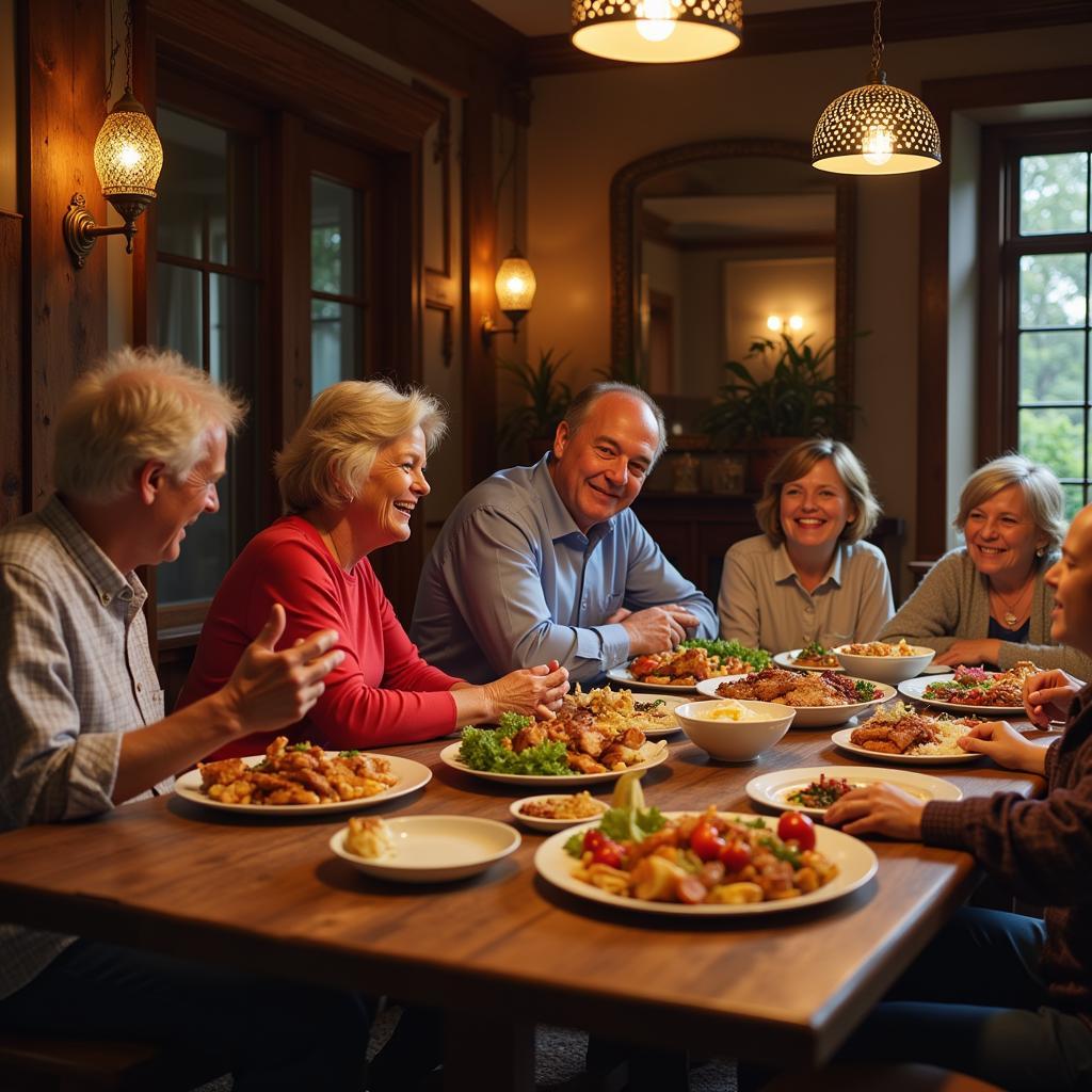 Family gathering around a country dining table