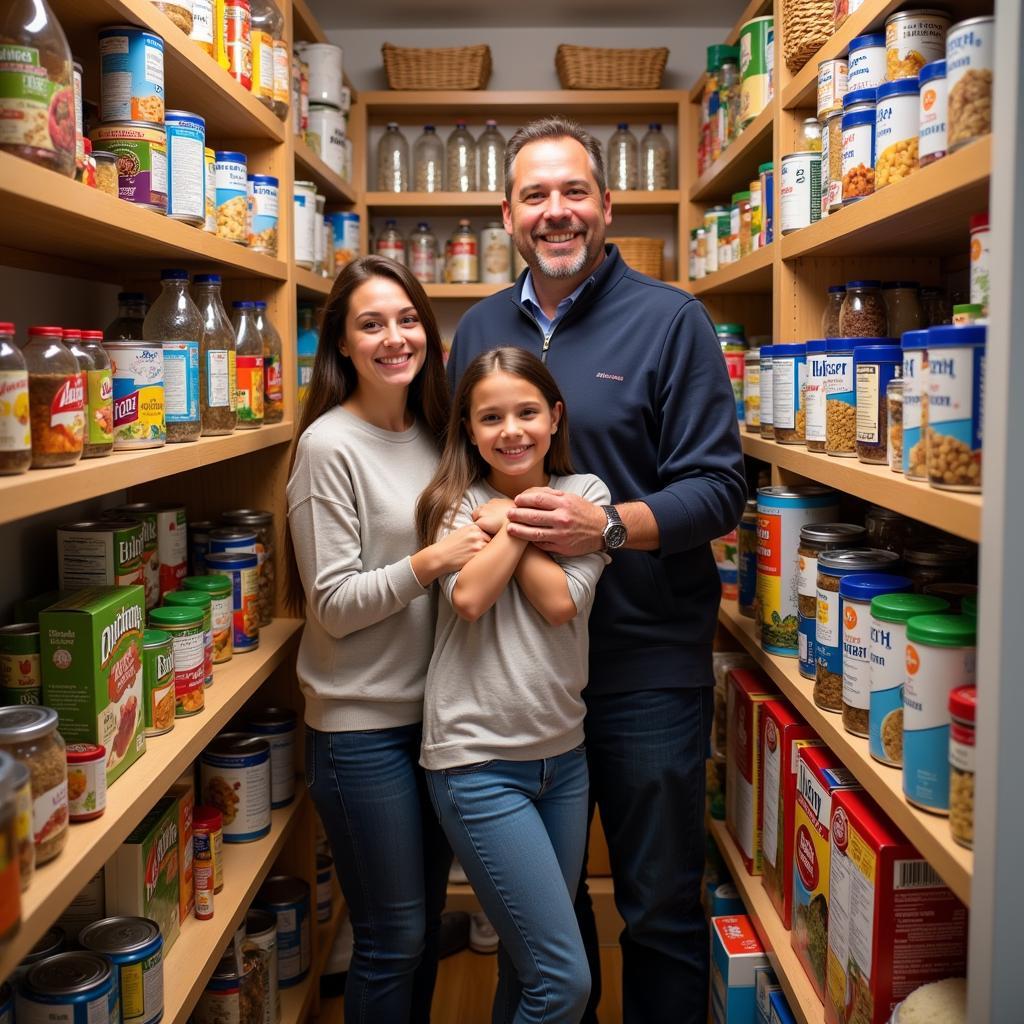 Family Gathering Around Well-Stocked Pantry Shelves