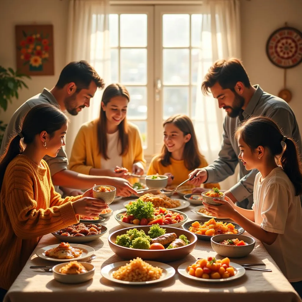 Family gathered around table for traditional dinner