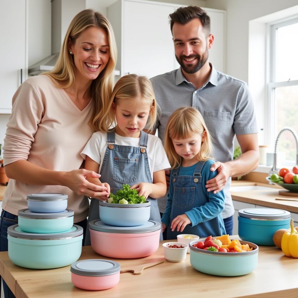 Family Preparing Meals in Insulated Food Containers