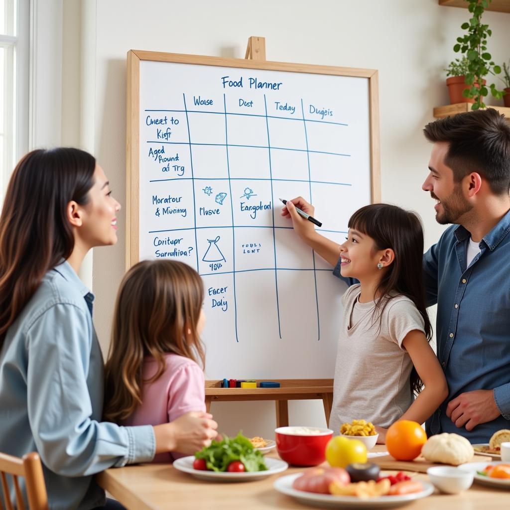 Family Gathered Around Whiteboard Food Planner