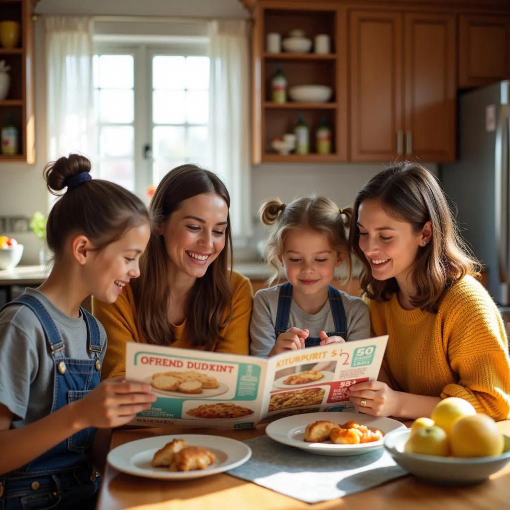 A family gathers around their kitchen table, excitedly planning their weekly meals using a food dynasty weekly ad.