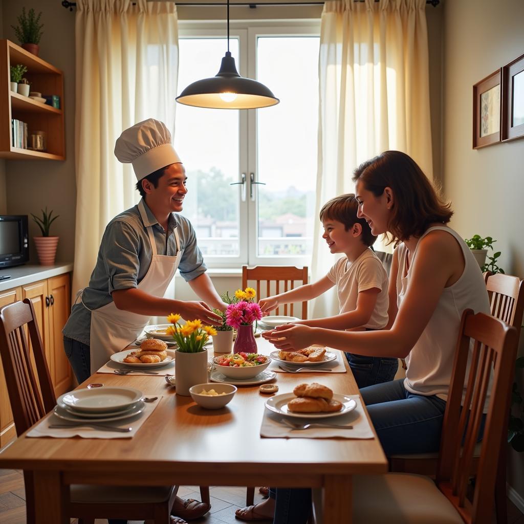 Family engaging in pretend restaurant play