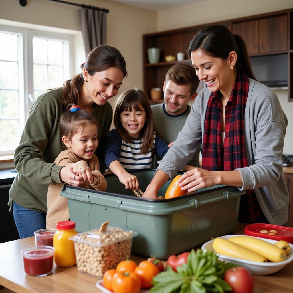 Family preparing a disaster food kit