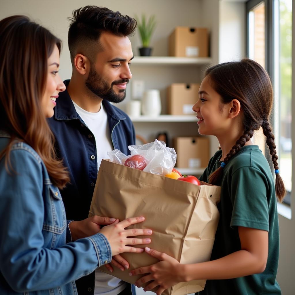 A family receiving a food donation at the Lake in the Hills Food Pantry