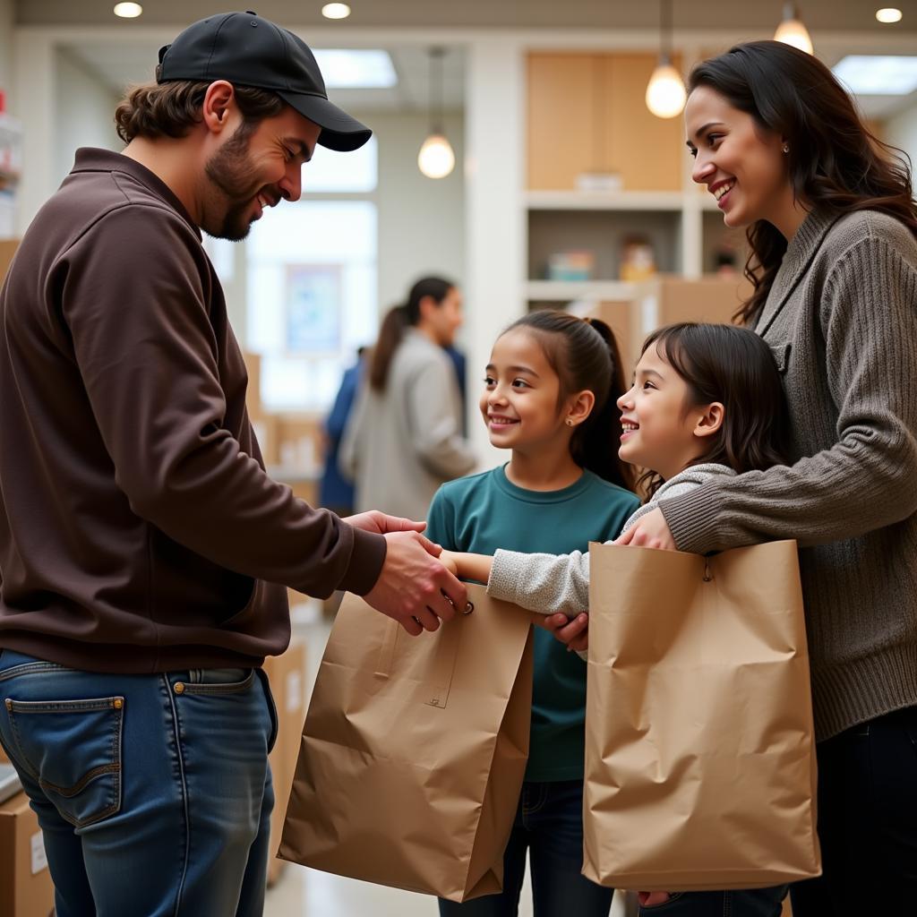 A family receiving groceries from a volunteer at the food pantry.