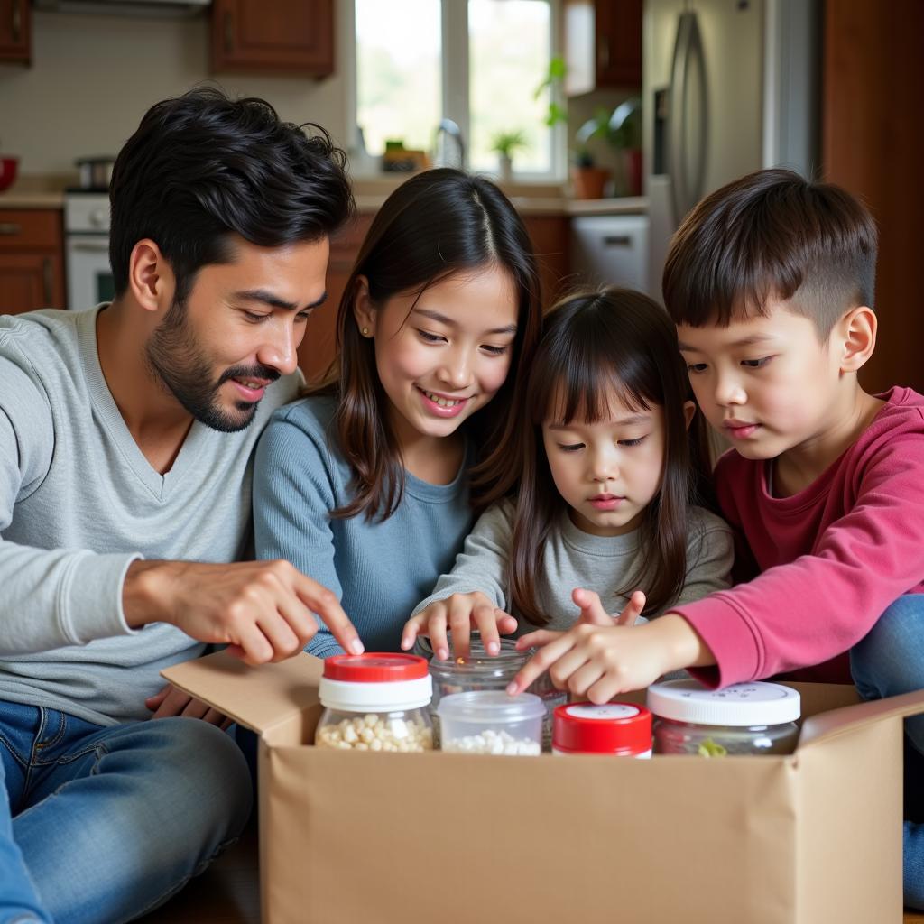 Family reviewing their disaster food kit