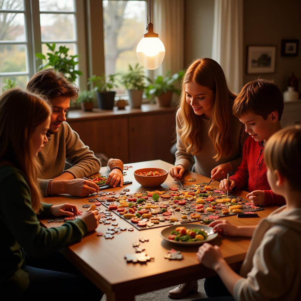 Family Engaging in a Food Puzzle Night