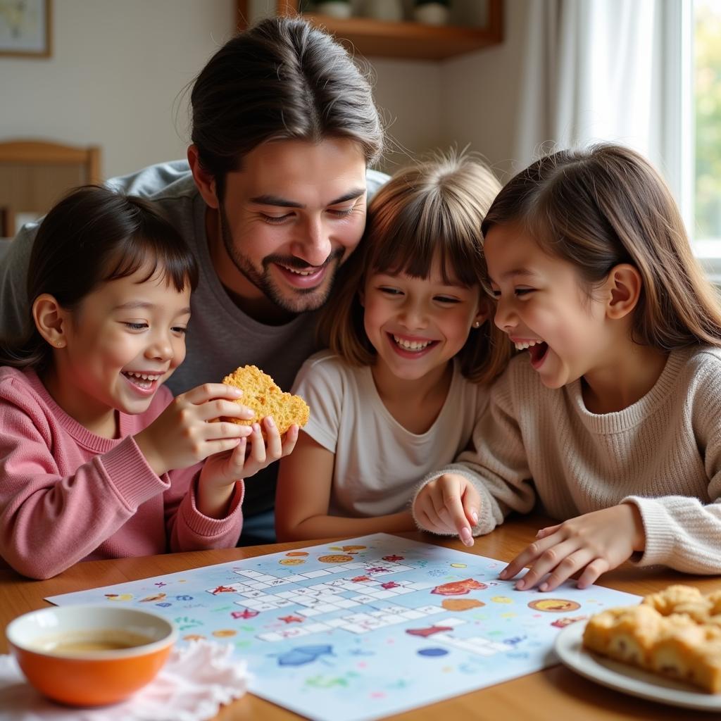 Family gathered around a table solving a frozen food-themed crossword puzzle