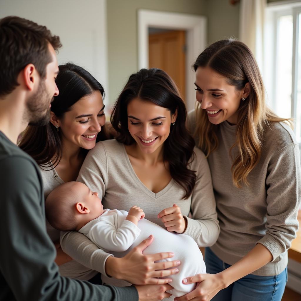 A family gathers around a new mother, offering support and assistance.