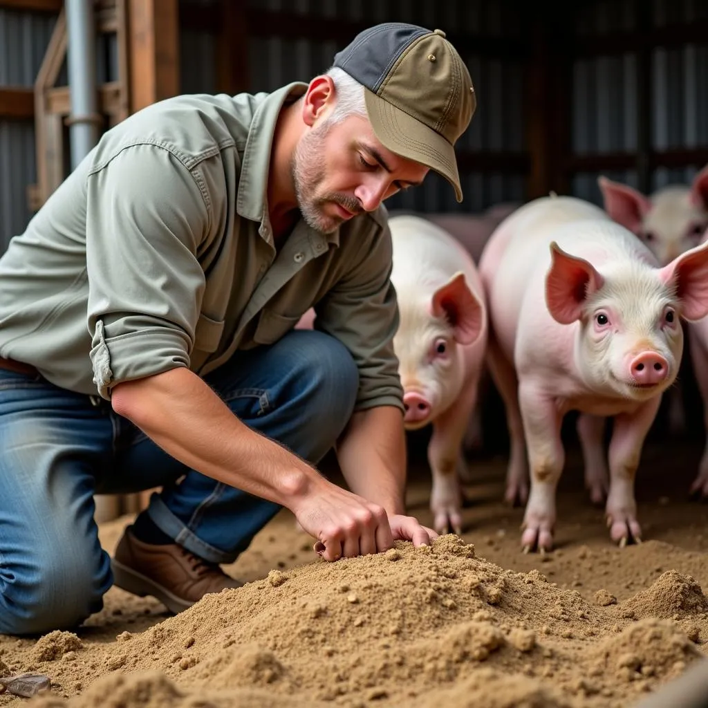 A farmer meticulously checks the pig feed.