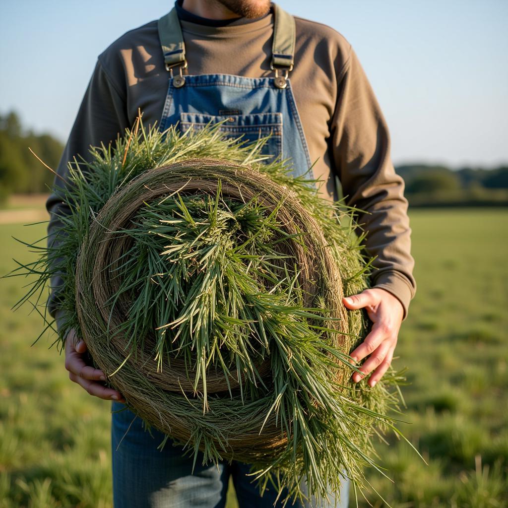 Farmer Holding a Bale of Hay