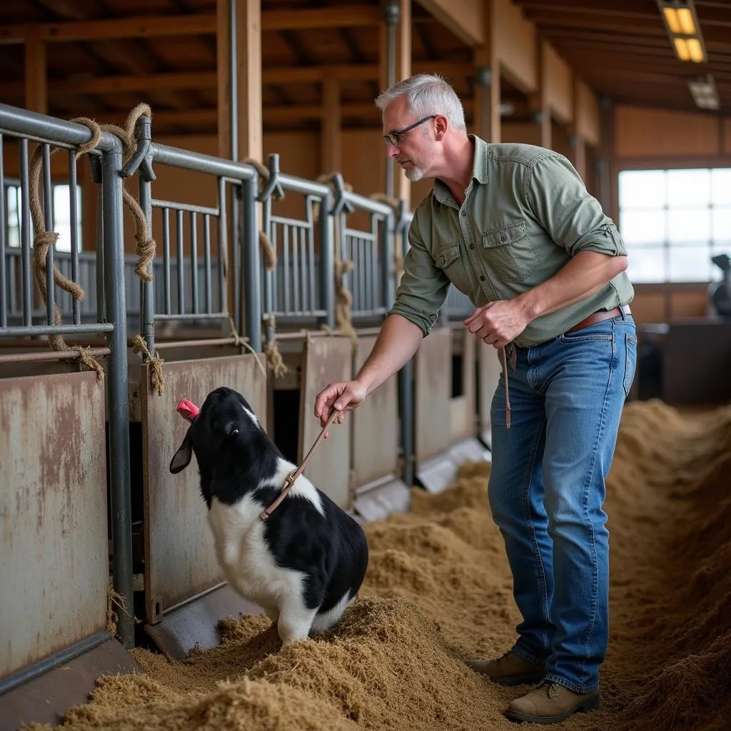 Farmer Inspecting Empty Head Trough in Barn