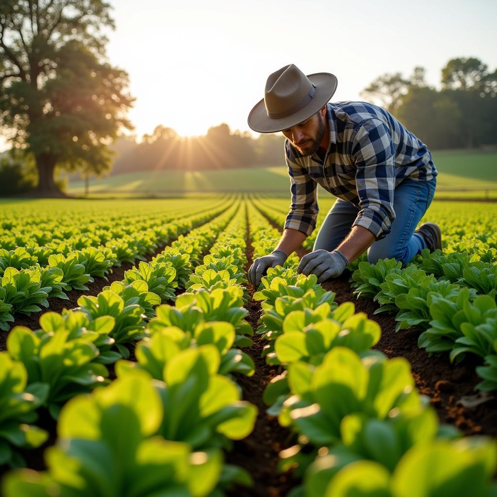 Farmer Diligently Caring for Crops