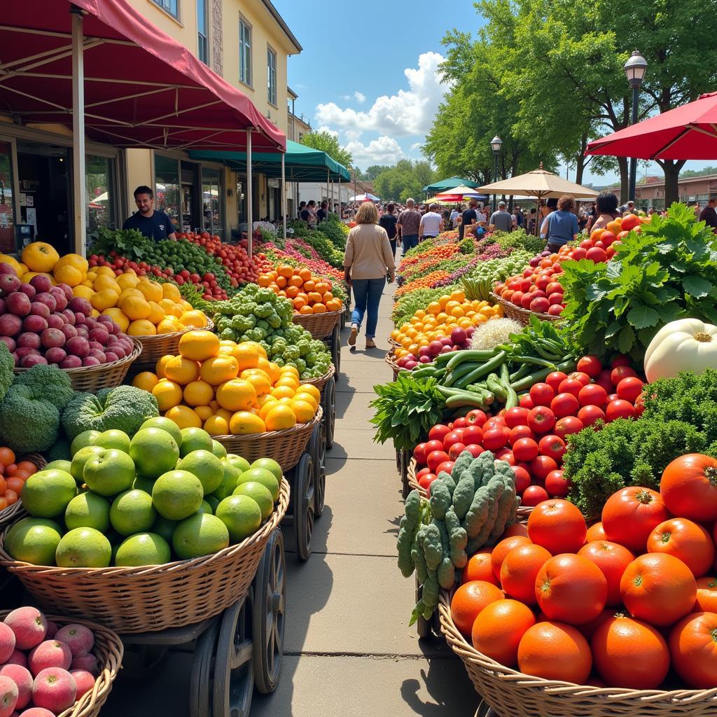 A vibrant farmers market scene with a variety of fresh, seasonal produce.