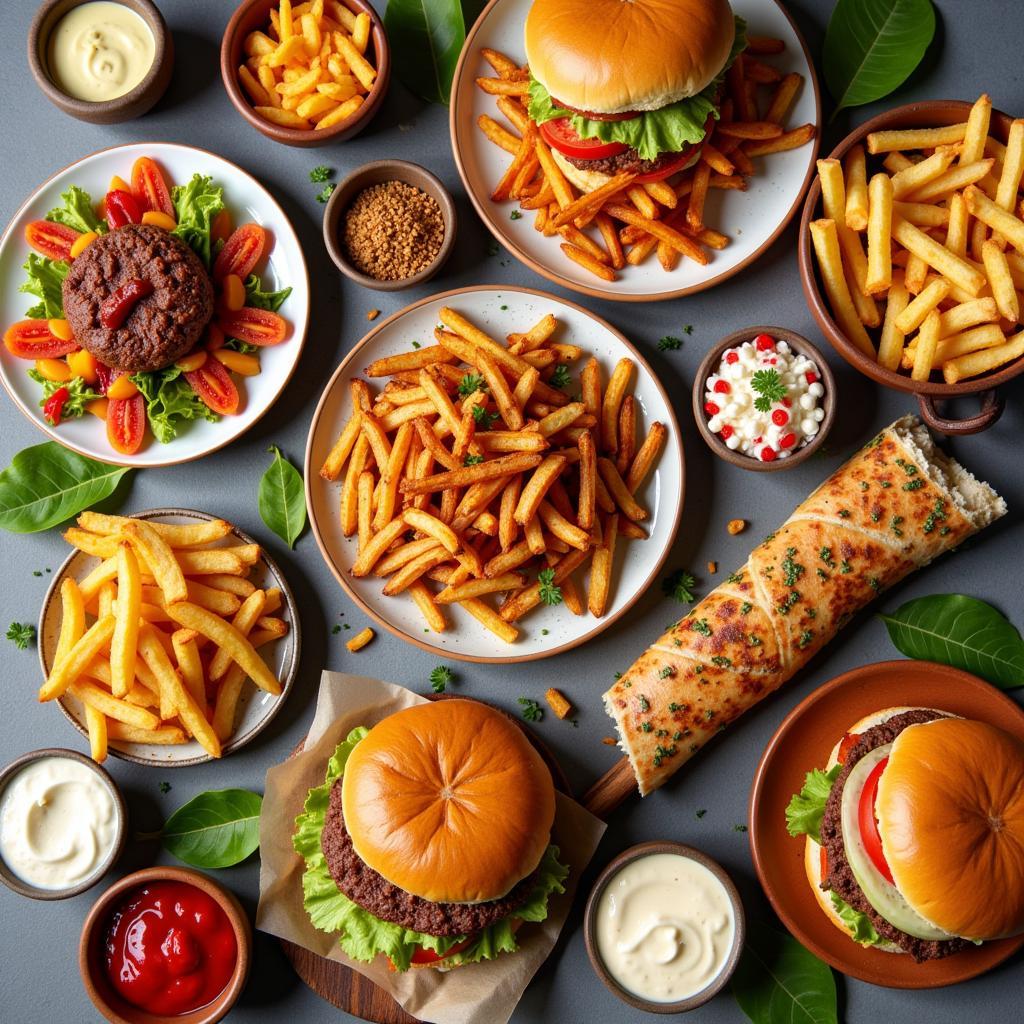 Various fast food options displayed on a table