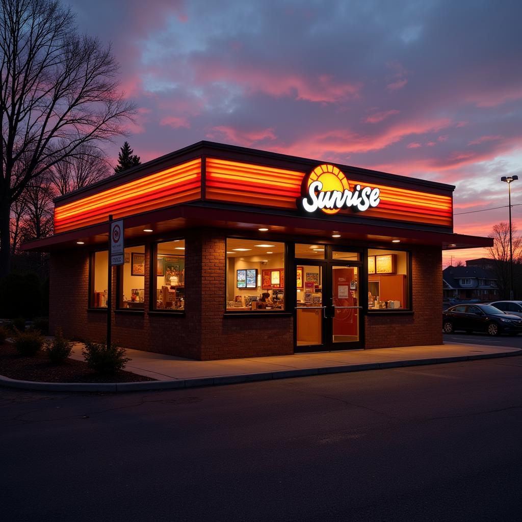 Fast Food Restaurant with Sunrise Logo at Dawn