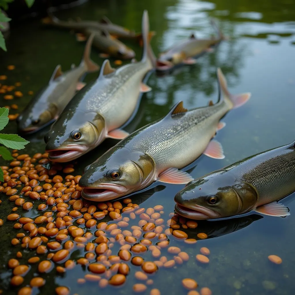 Chum Salmon Feeding on Purina Fish Food in a Pond Setting