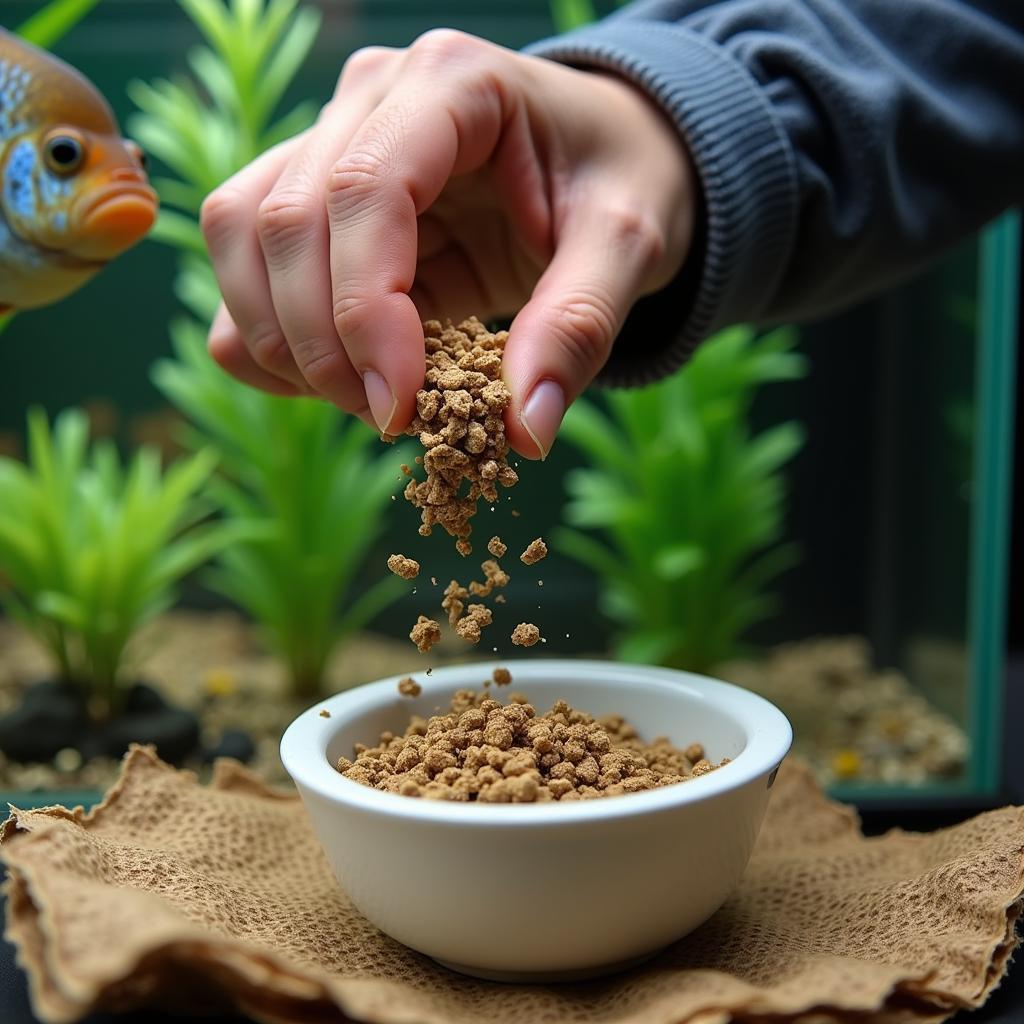  Aquarium owner feeding fish with measured portion of fish food