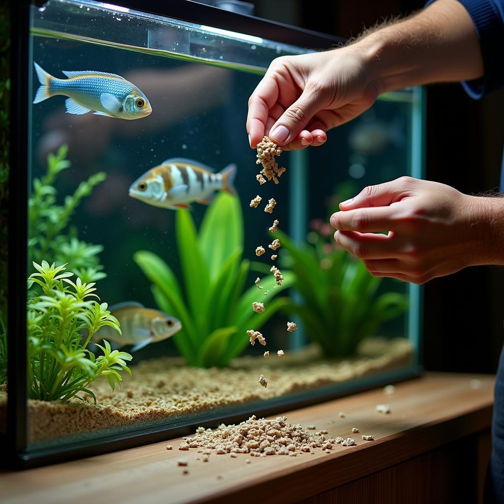 Feeding Tropical Fish with Flakes