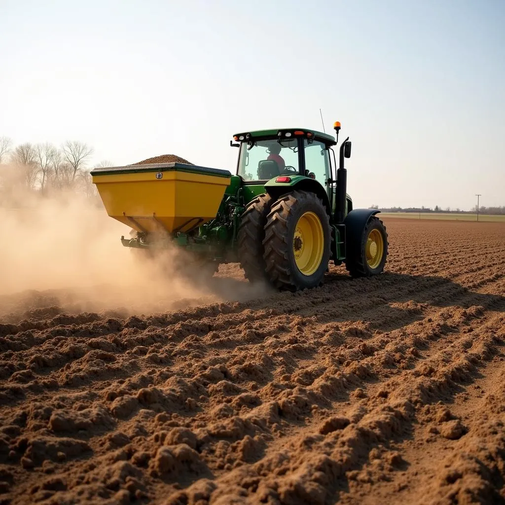 Spreading fertilizer on a prepared winter wheat food plot