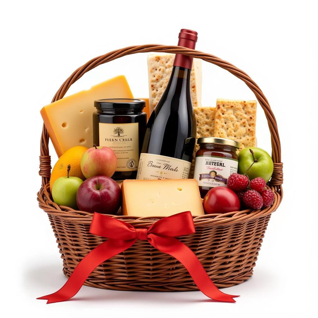 Festive food hamper arrangement with wine, cheese, crackers, and fruits