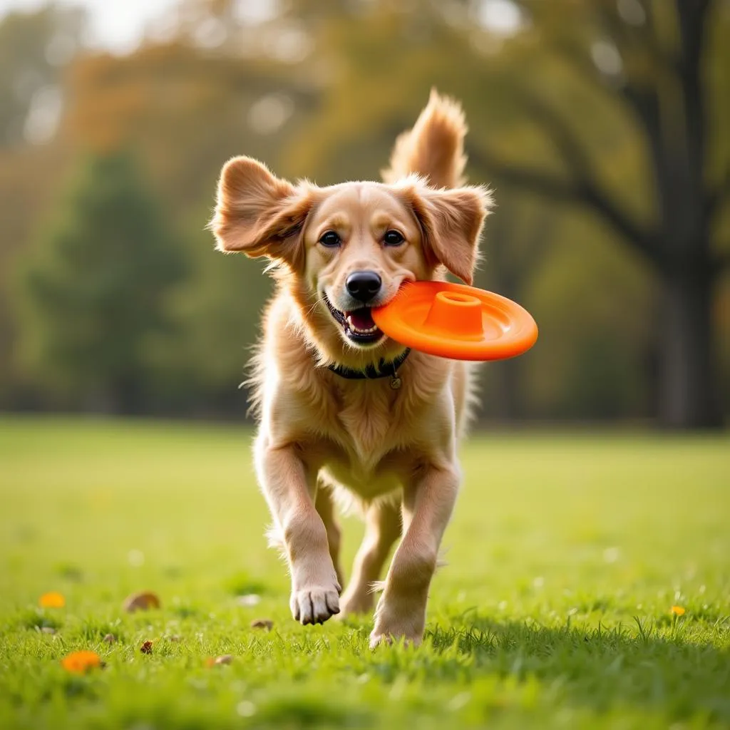 A happy, energetic dog running with a frisbee in its mouth.