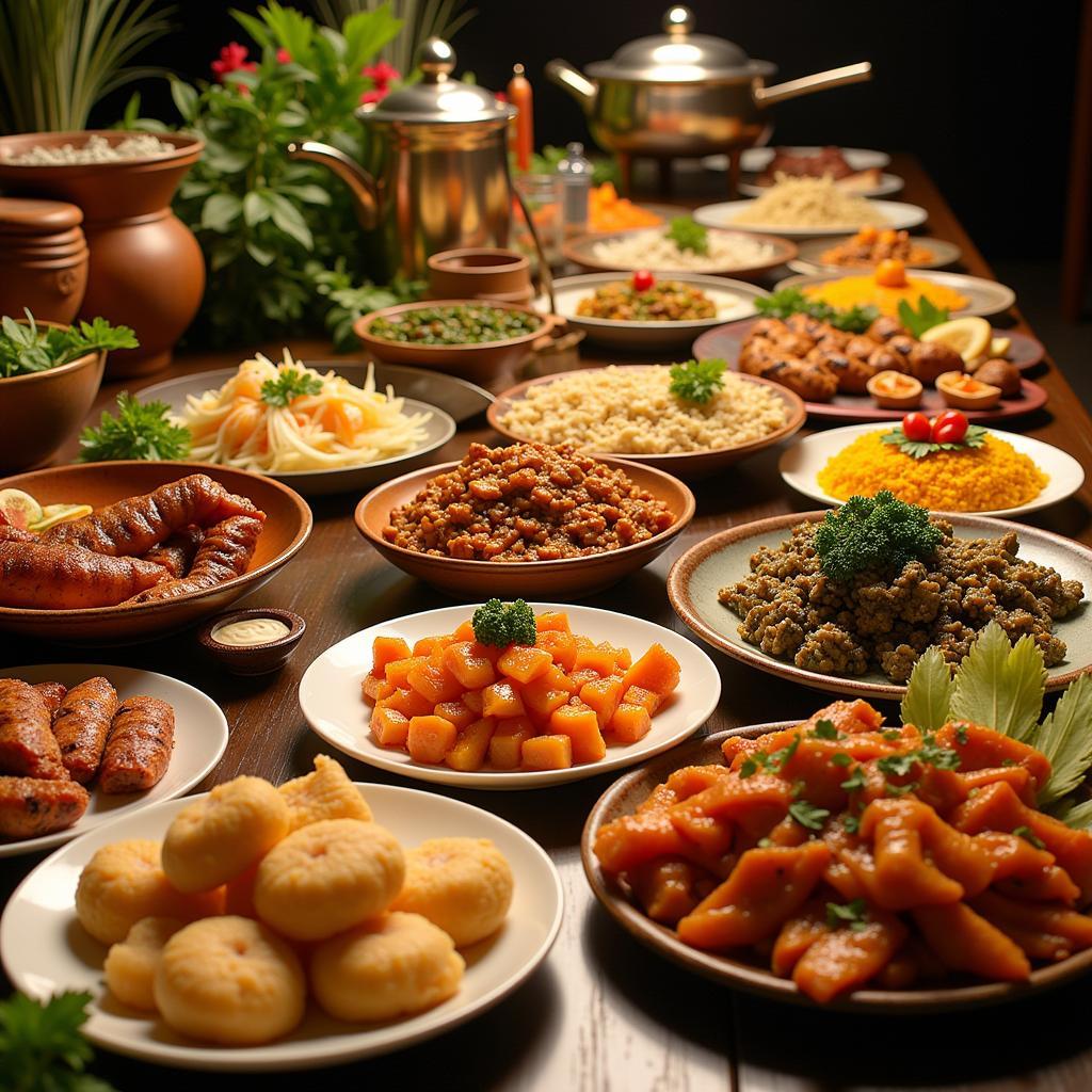 A vibrant Filipino food catering buffet spread